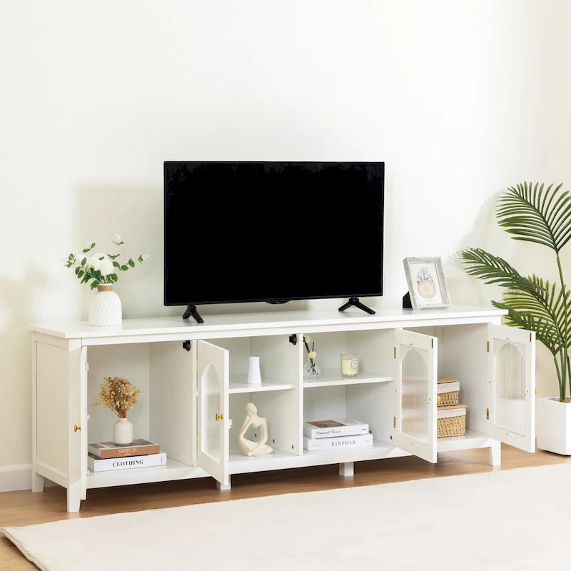 Meuble TV rétro blanc de 71 pouces avec portes en verre multicolore et structure en pin