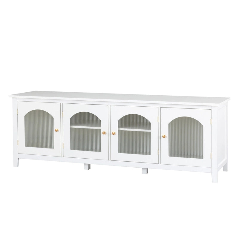 Meuble TV rétro blanc de 71 pouces avec portes en verre multicolore et structure en pin