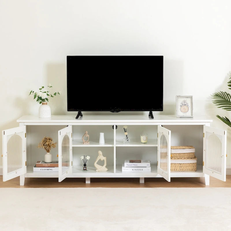 Meuble TV rétro blanc de 71 pouces avec portes en verre multicolore et structure en pin