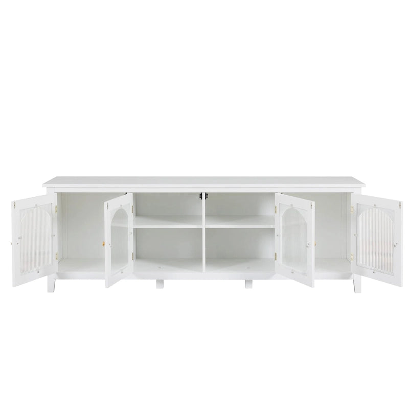 Meuble TV rétro blanc de 71 pouces avec portes en verre multicolore et structure en pin