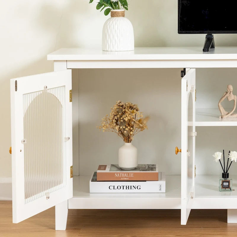 Meuble TV rétro blanc de 71 pouces avec portes en verre multicolore et structure en pin