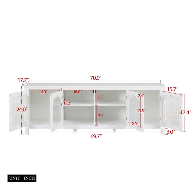 Meuble TV rétro blanc de 71 pouces avec portes en verre multicolore et structure en pin