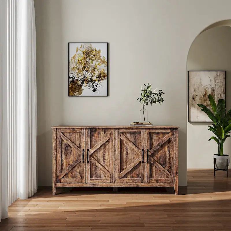 Freestanding Sideboard Cabinet with 4 Doors and 4 Open Shelves