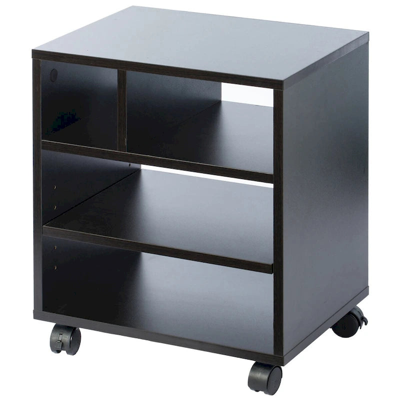 Supporto in legno con ruote per stampante e contenitore da ufficio