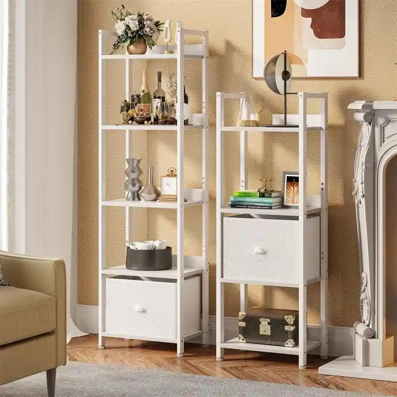 5 Tier Slim White Bookshelf with Drawer, Narrow Open Bookcase