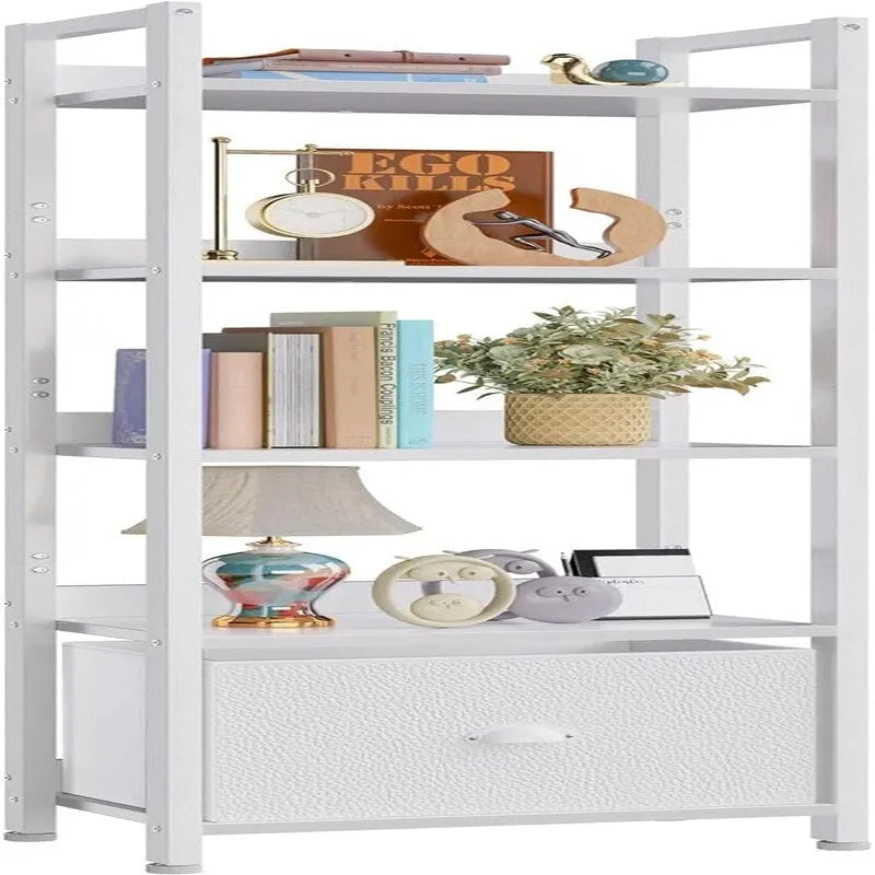 5 Tier Slim White Bookshelf with Drawer, Narrow Open Bookcase