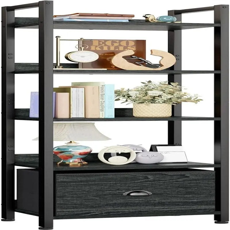 5 Tier Slim White Bookshelf with Drawer, Narrow Open Bookcase