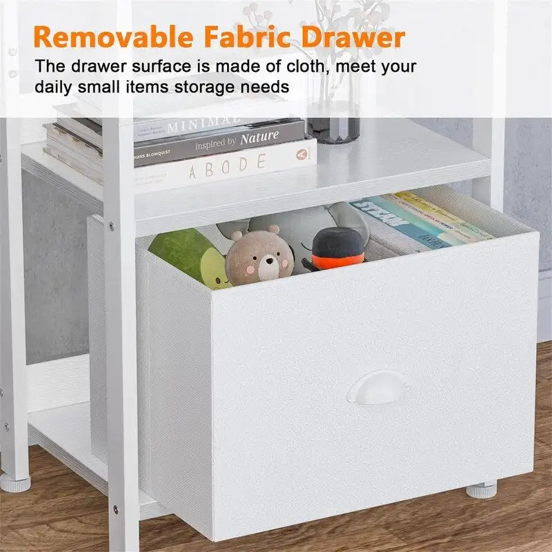 5 Tier Slim White Bookshelf with Drawer, Narrow Open Bookcase