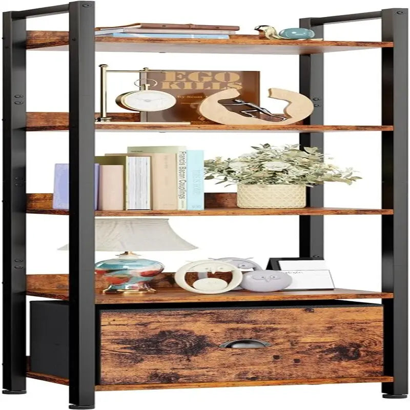 5 Tier Slim White Bookshelf with Drawer, Narrow Open Bookcase