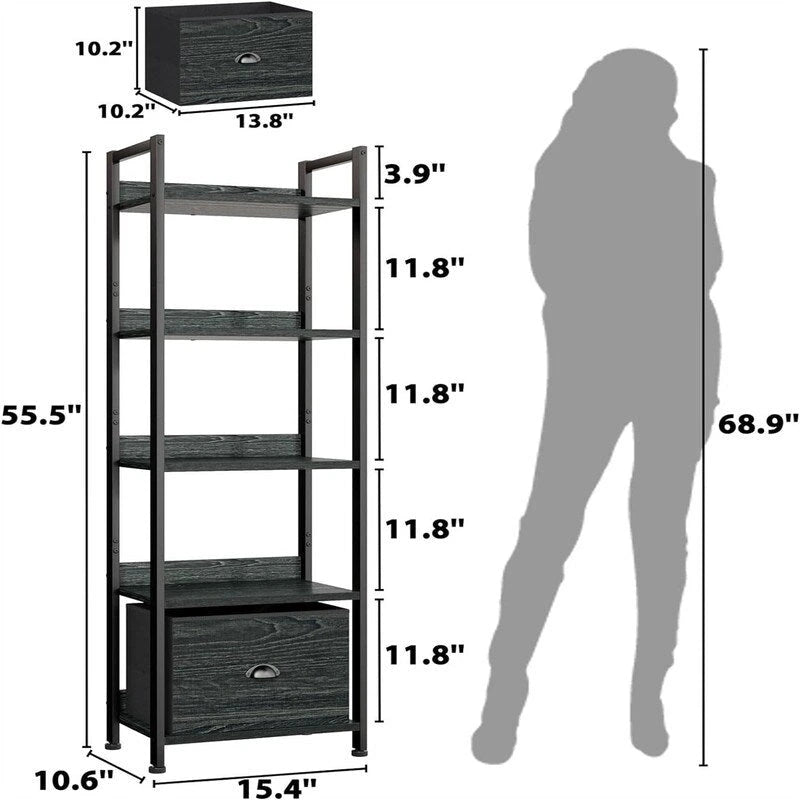 Schmales weißes Bücherregal mit 5 Ebenen und Schublade, schmales offenes Bücherregal