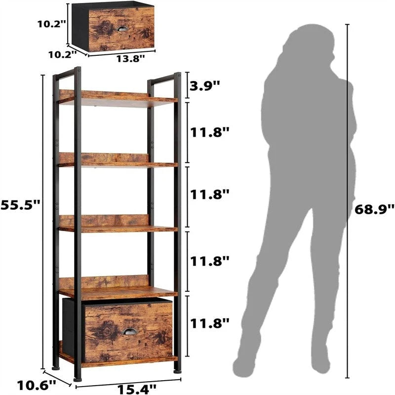 Schmales weißes Bücherregal mit 5 Ebenen und Schublade, schmales offenes Bücherregal
