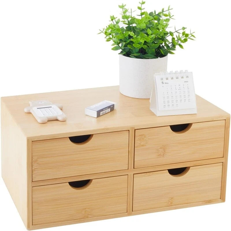 4 Drawer Bamboo Makeup Storage Organizer, Countertop Desk Caddy