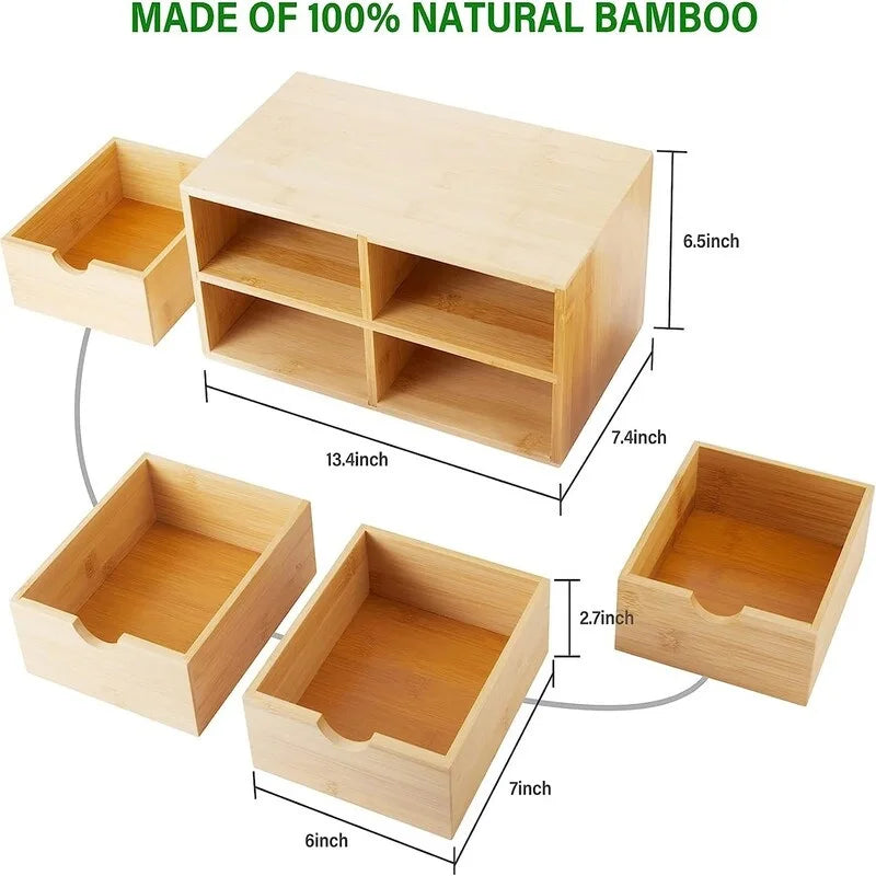 4 Drawer Bamboo Makeup Storage Organizer, Countertop Desk Caddy