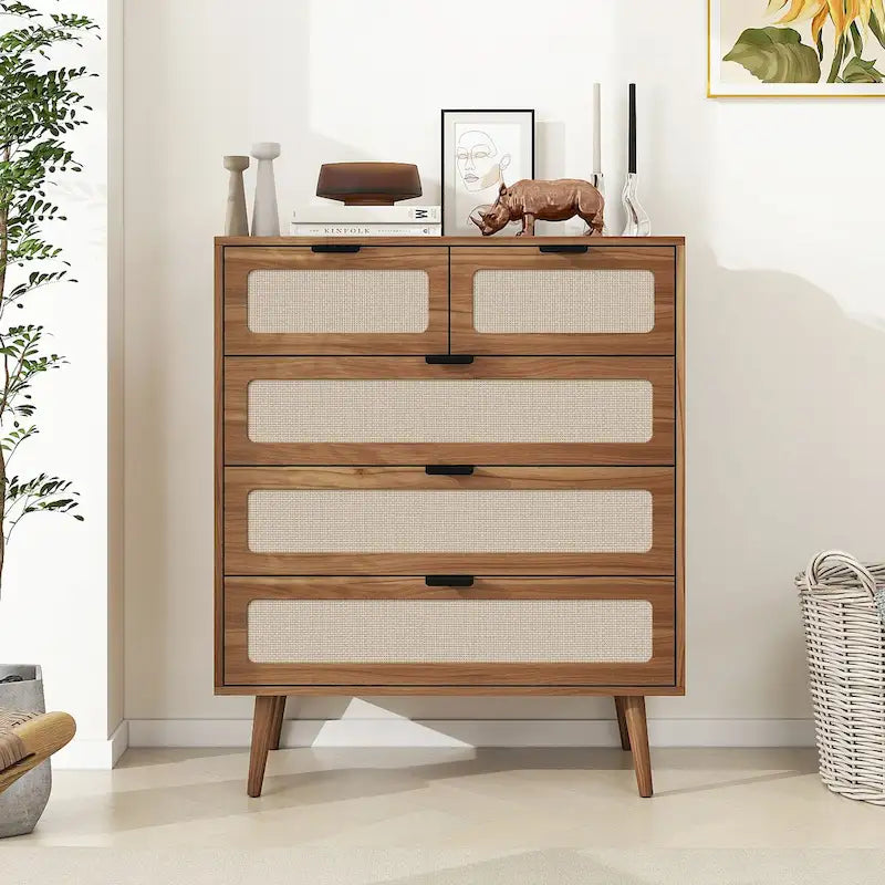 5-Drawer Accent Storage Cabinet with Rattan Doors
