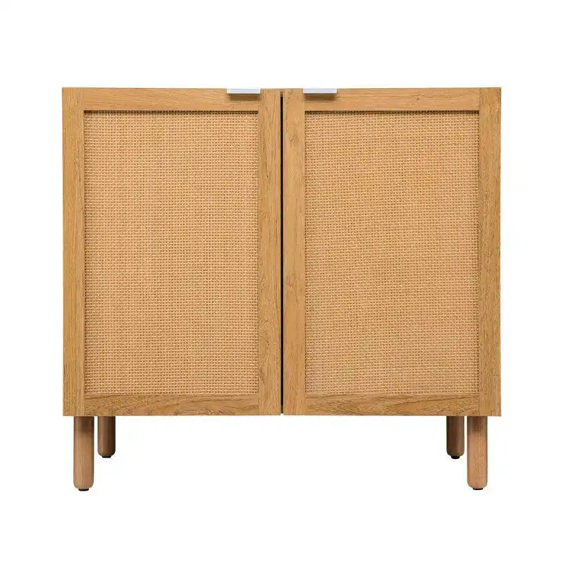 Brown 2 Door Accent Cabinet with Rattan Panels and Adjustable Shelf
