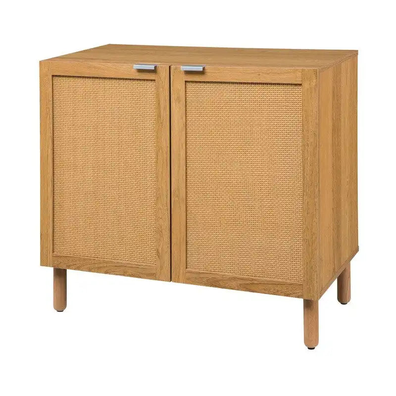 Brown 2 Door Accent Cabinet with Rattan Panels and Adjustable Shelf