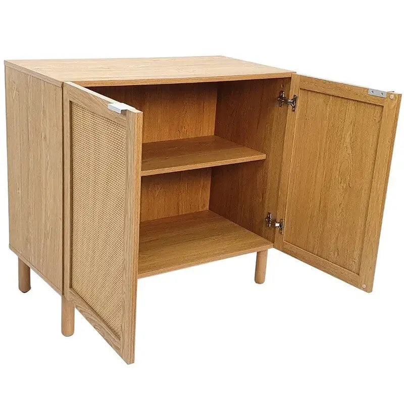 Brown 2 Door Accent Cabinet with Rattan Panels and Adjustable Shelf