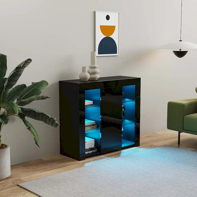 LED Light Kitchen Sideboard Cupboard with Drawer and 1 Door, High Gloss
