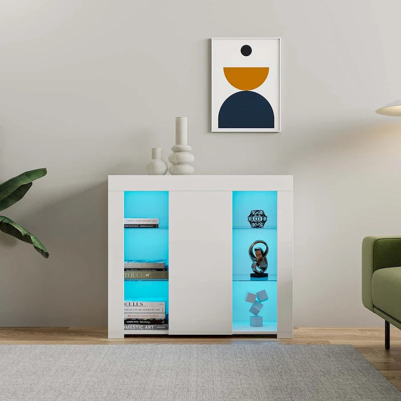 LED Light Kitchen Sideboard Cupboard with Drawer and 1 Door, High Gloss