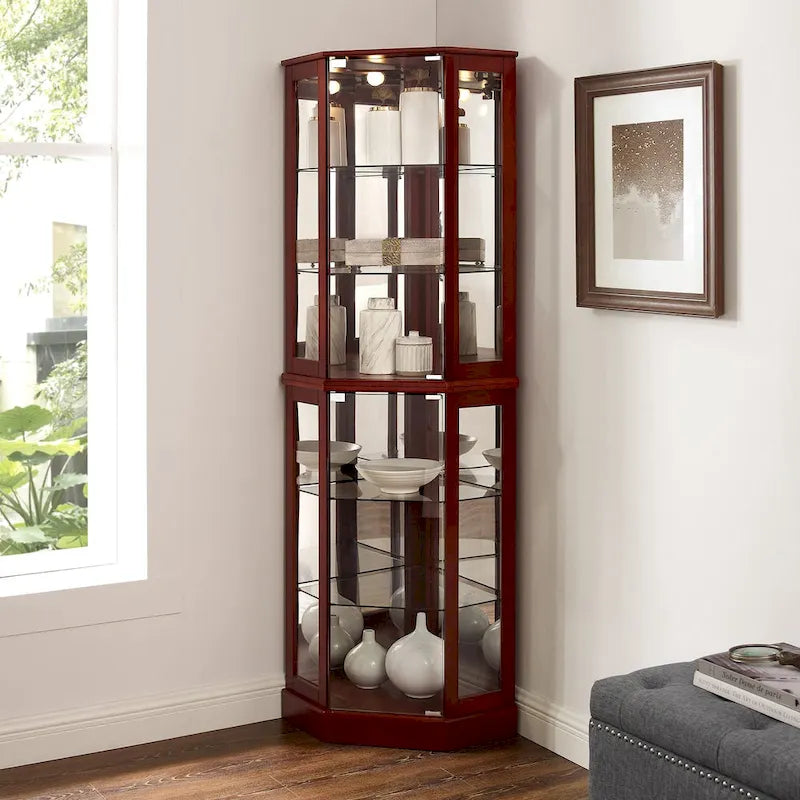 6-Shelf Corner Curio Display Cabinet with Lights, Cherry