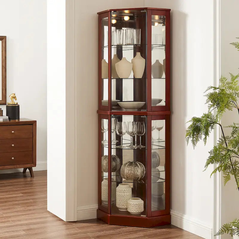 Eckvitrine mit 6 Fächern und Beleuchtung, Kirschholz