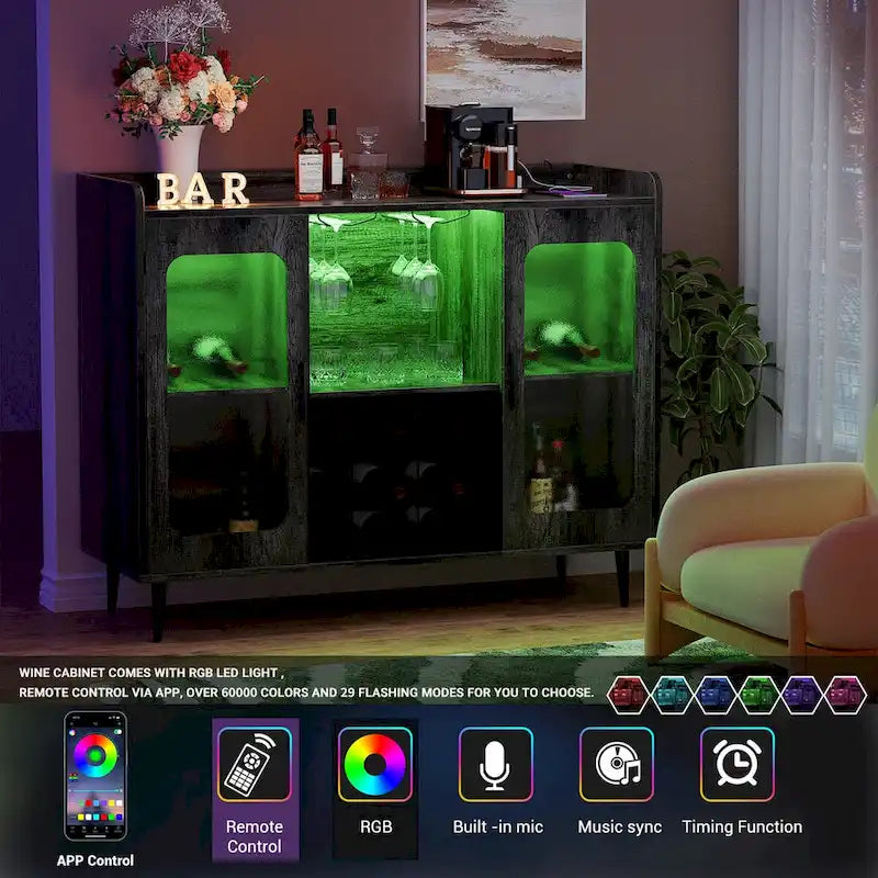 Sideboard-Barschrank im Landhausstil mit Weinhalter und LED-Beleuchtung