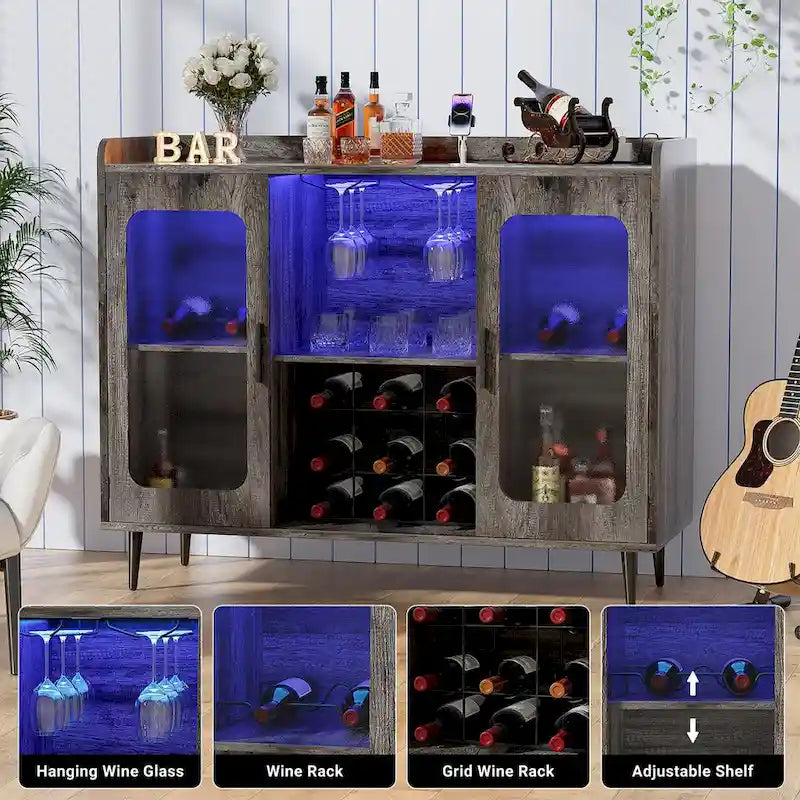 Farmhouse Bar Cabinet Sideboard with Wine Holder and LED