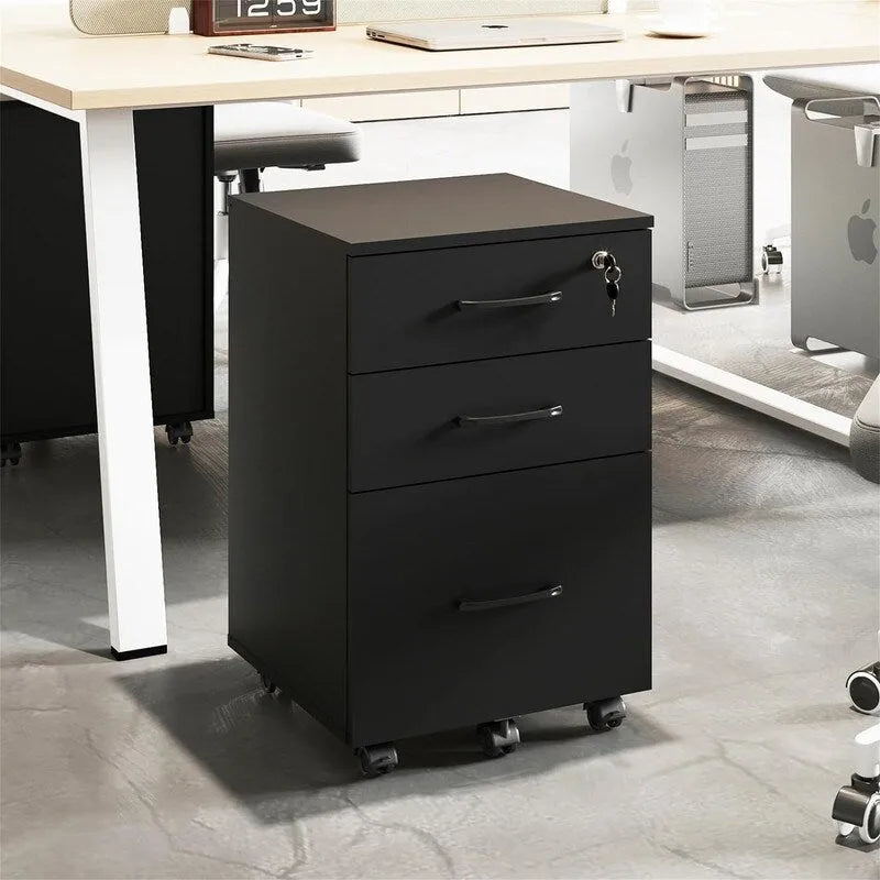 Rollender Aktenschrank mit 3 Schubladen und Schloss, Holz - 15T x 15B x 26H