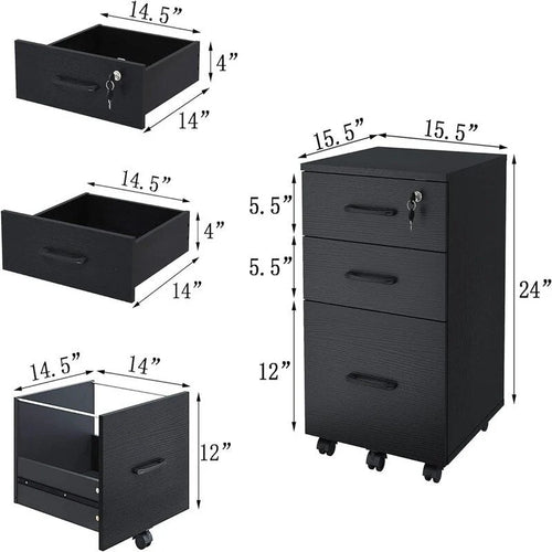 3-Drawer Rolling File Cabinet with Lock, Wood - 15D x 15W x 26H