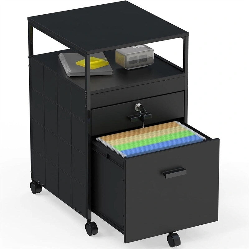 Rolling File Cabinet with 2 Drawers and Open Shelf, Lockable Mobile Storage