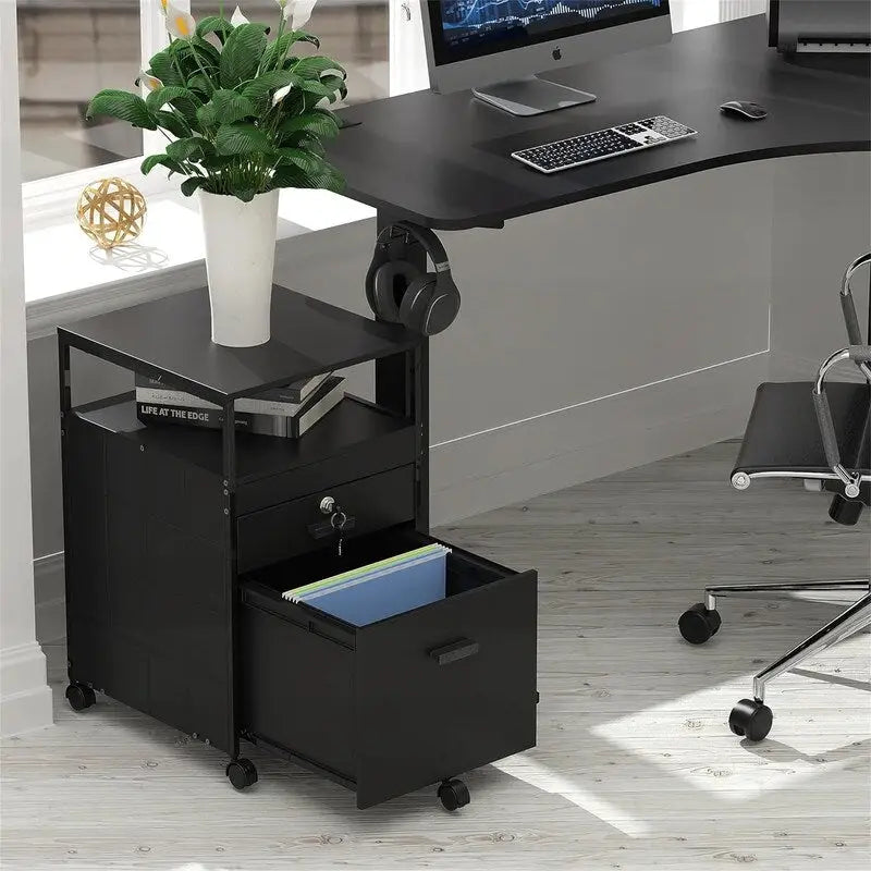 Rolling File Cabinet with 2 Drawers and Open Shelf, Lockable Mobile Storage