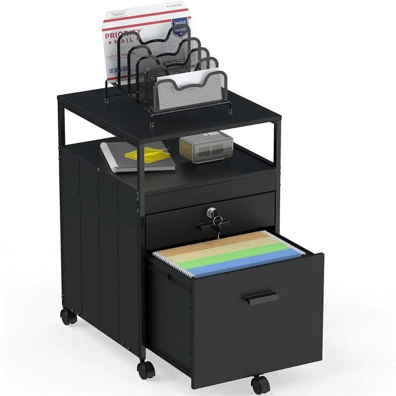 Rolling File Cabinet with 2 Drawers and Open Shelf, Lockable Mobile Storage
