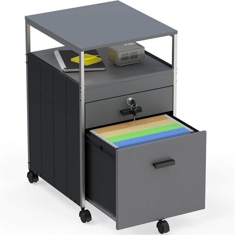 Rolling File Cabinet with 2 Drawers and Open Shelf, Lockable Mobile Storage