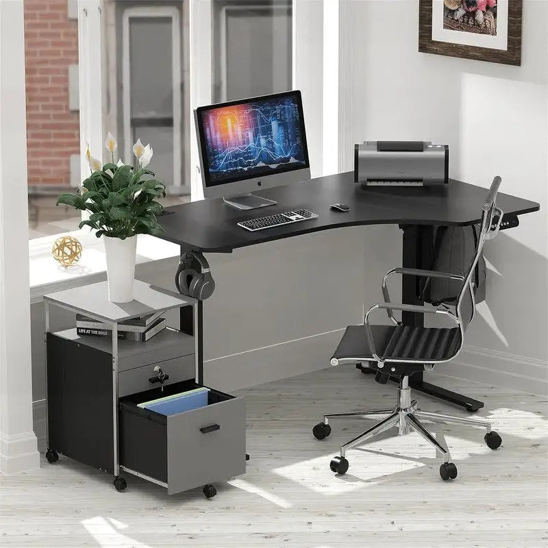 Rolling File Cabinet with 2 Drawers and Open Shelf, Lockable Mobile Storage