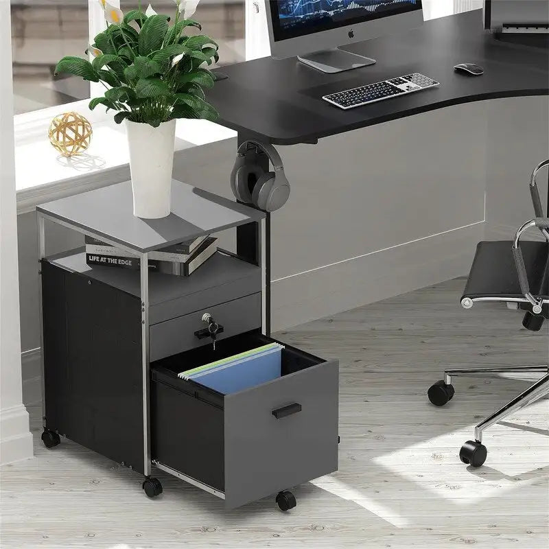 Rolling File Cabinet with 2 Drawers and Open Shelf, Lockable Mobile Storage