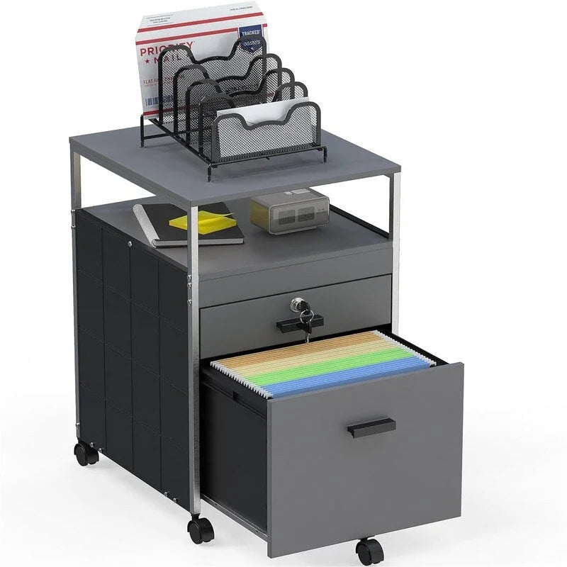 Rolling File Cabinet with 2 Drawers and Open Shelf, Lockable Mobile Storage