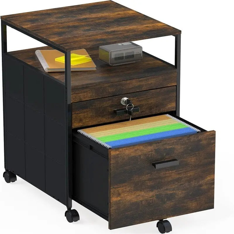 Rolling File Cabinet with 2 Drawers and Open Shelf, Lockable Mobile Storage