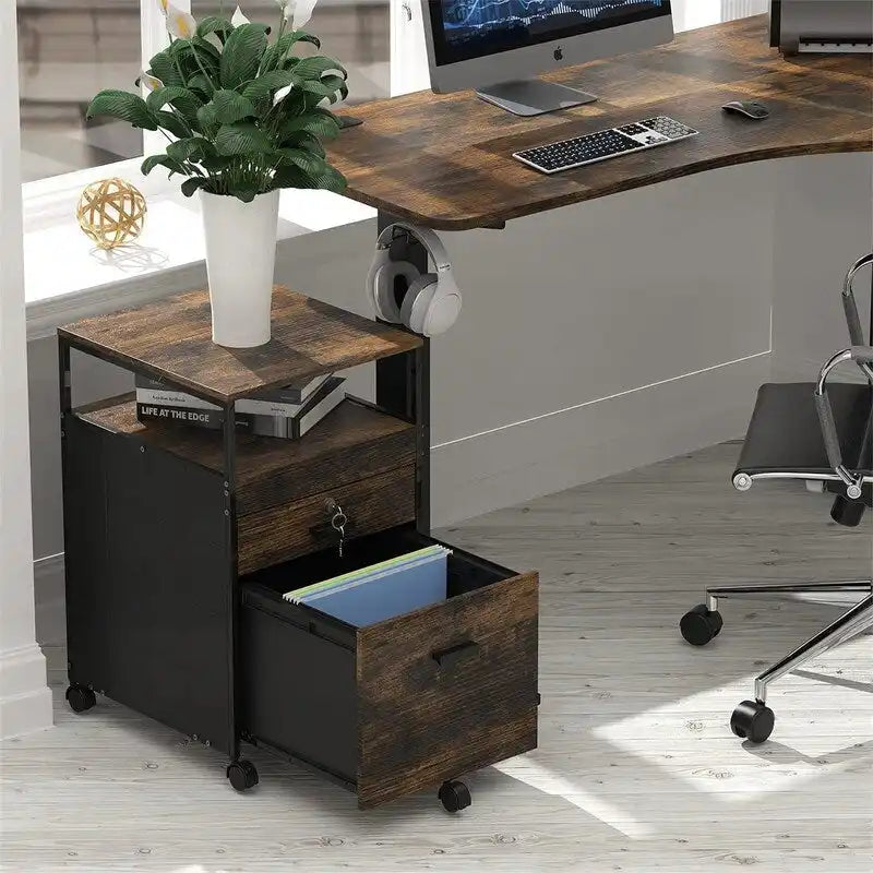 Rolling File Cabinet with 2 Drawers and Open Shelf, Lockable Mobile Storage