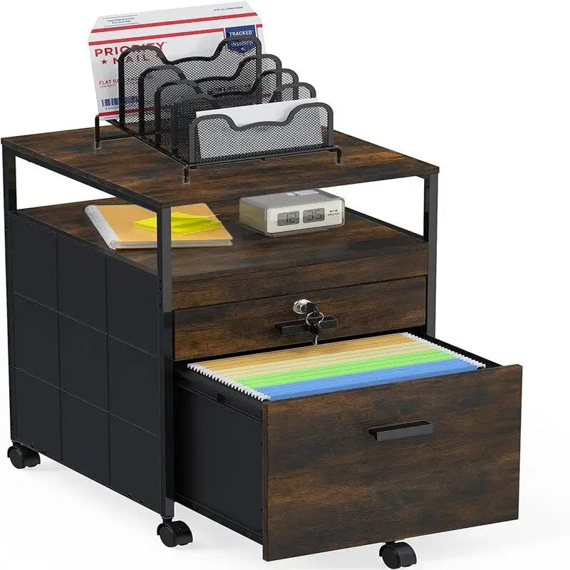 Rolling File Cabinet with 2 Drawers and Open Shelf, Lockable Mobile Storage