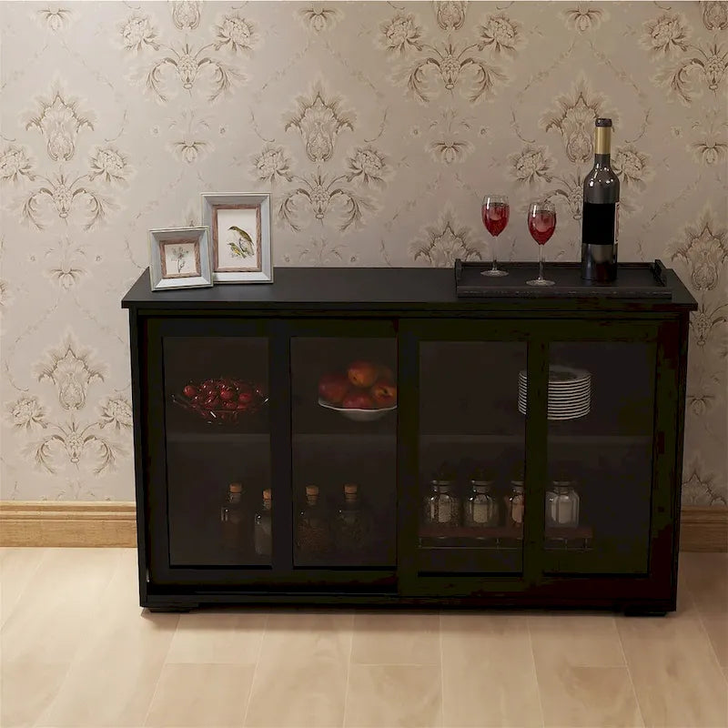 Sideboard Kitchen Buffet Storage Cabinet, Adjustable Shelf and Sliding Glass Door, Black