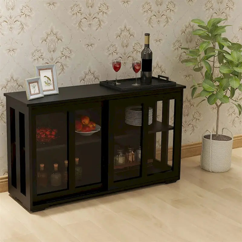 Sideboard Kitchen Buffet Storage Cabinet, Adjustable Shelf and Sliding Glass Door, Black