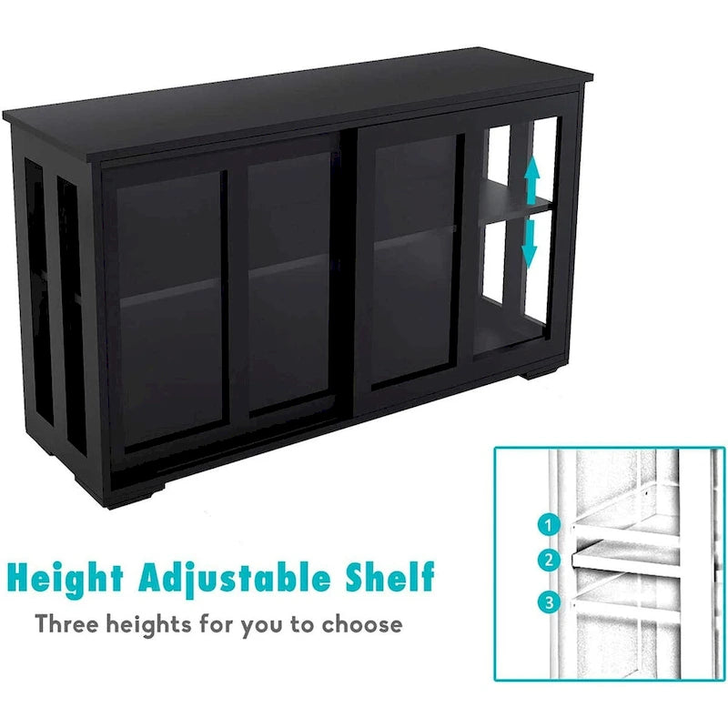 Sideboard Kitchen Buffet Storage Cabinet, Adjustable Shelf and Sliding Glass Door, Black