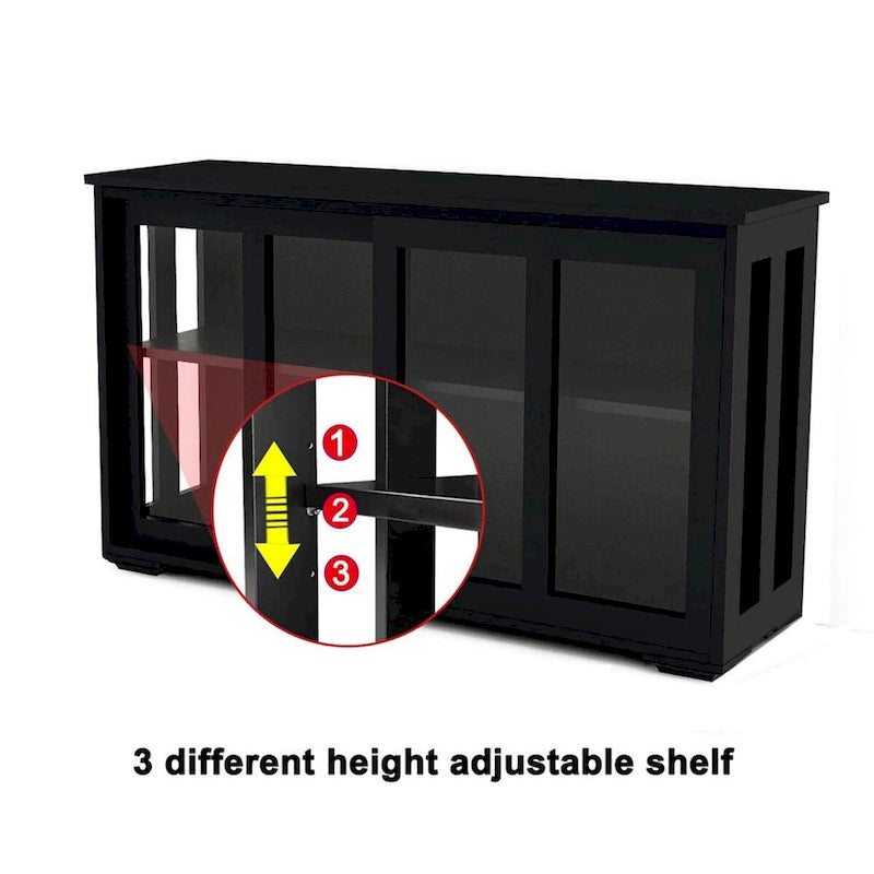 Sideboard Kitchen Buffet Storage Cabinet, Adjustable Shelf and Sliding Glass Door, Black
