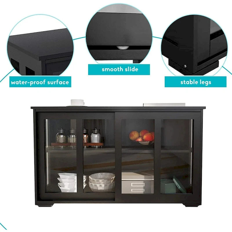 Sideboard Kitchen Buffet Storage Cabinet, Adjustable Shelf and Sliding Glass Door, Black