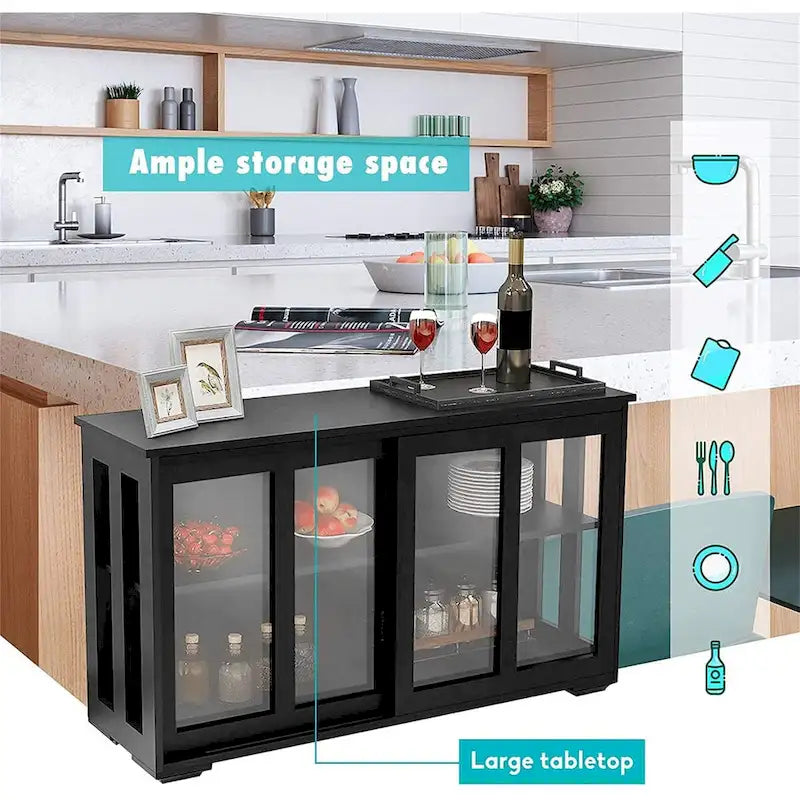 Sideboard Kitchen Buffet Storage Cabinet, Adjustable Shelf and Sliding Glass Door, Black