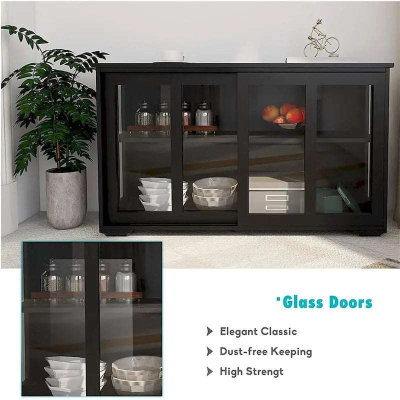 Sideboard Kitchen Buffet Storage Cabinet, Adjustable Shelf and Sliding Glass Door, Black