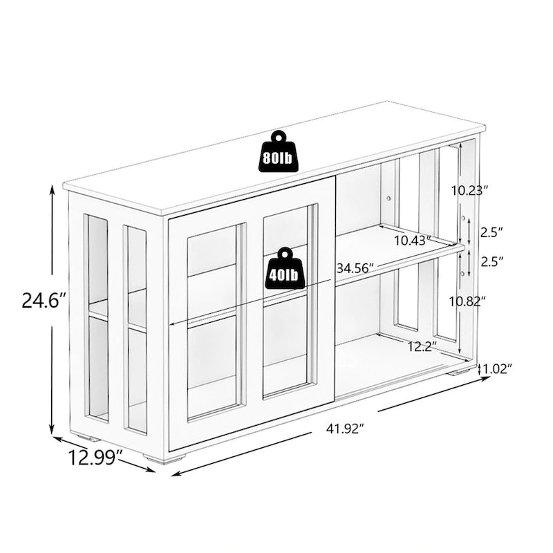 Sideboard Kitchen Buffet Storage Cabinet, Adjustable Shelf and Sliding Glass Door, Black