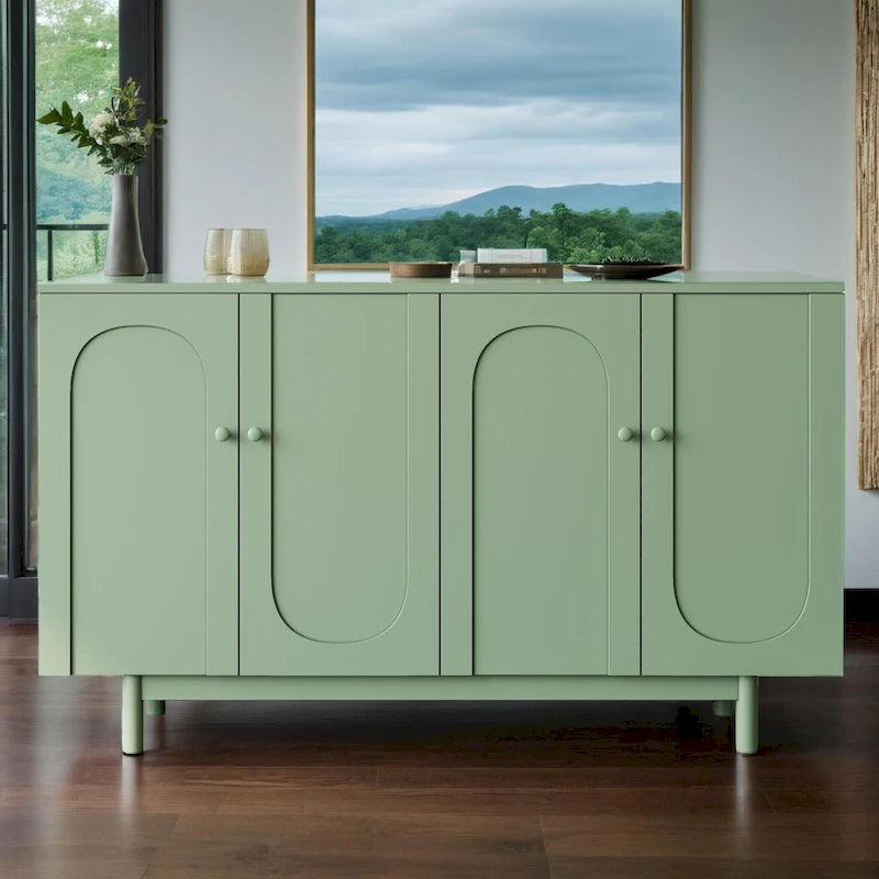 Modern 4 Door Intaglio Storage Cabinet with Adjustable Shelf, Pine Legs, Buffet Sideboard