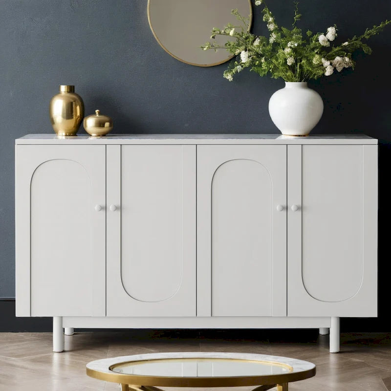 Modern 4 Door Intaglio Storage Cabinet with Adjustable Shelf, Pine Legs, Buffet Sideboard