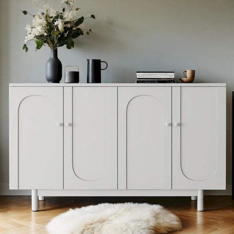 Modern 4 Door Intaglio Storage Cabinet with Adjustable Shelf, Pine Legs, Buffet Sideboard